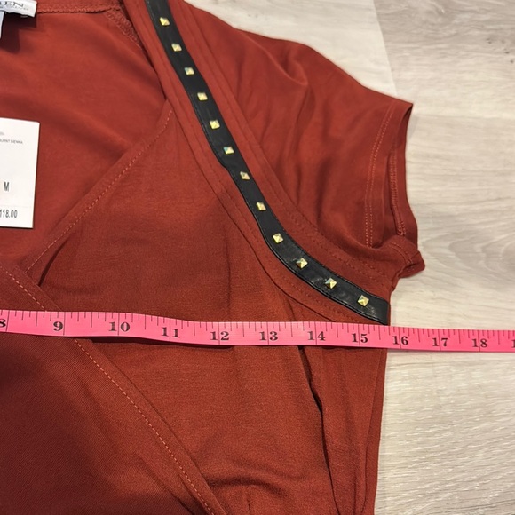 Carmen Marc Valvo NWT V-Neck with gold studs and Leather trim Midi Dress. - Picture 7 of 10